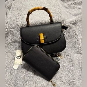 Vegan Leather Black Handbag and Wallet Set, Faux Bamboo Handle